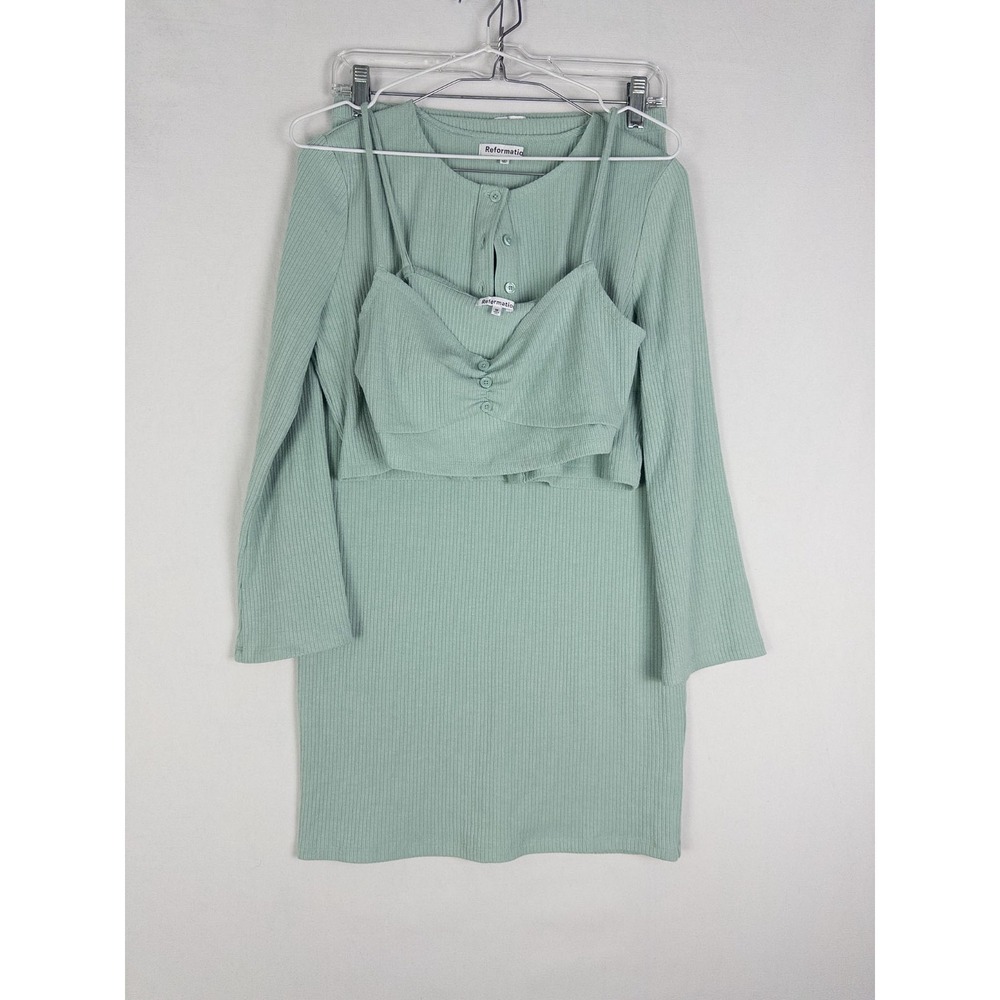 Reformation 3 Piece Set Top Bra Skirt Womens‎ M Green Ribbed Cropped Solid